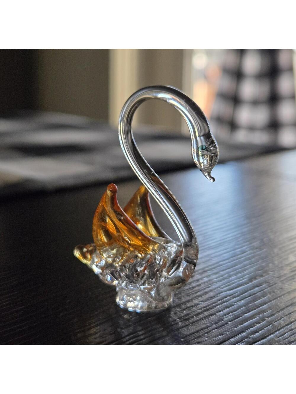 Vintage Hand Blown Art Glass Miniature Swan Figurine Clear Orange Accents, VGC
